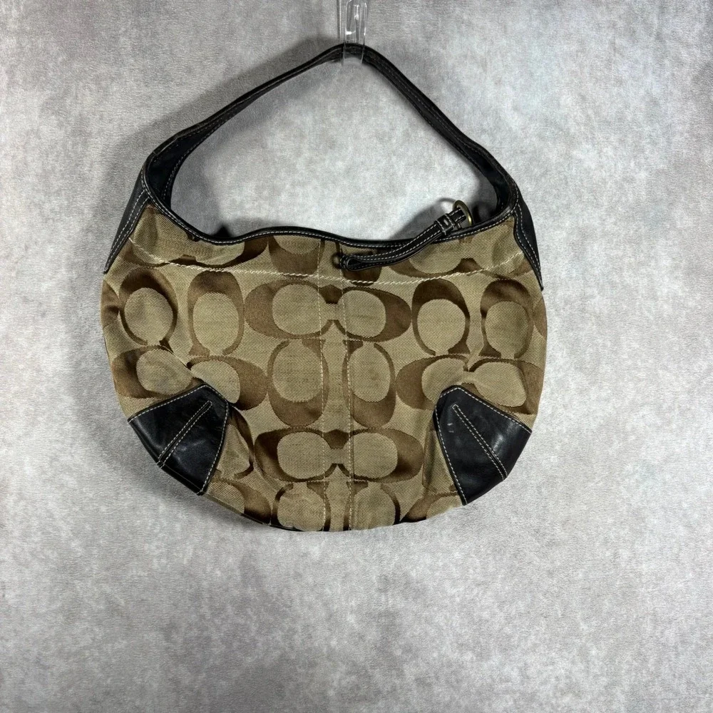 Coach Shoulder Bag Women Medium Brown Signature Canvas Hobo Leather Trim Vintage - Picture 9 of 16